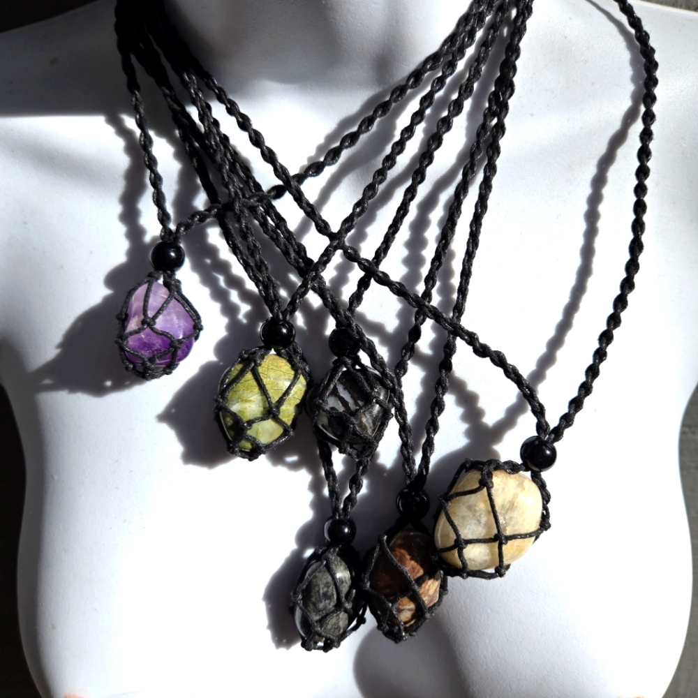 COPY - Leather handmade gemstone basket adjustable necklace
